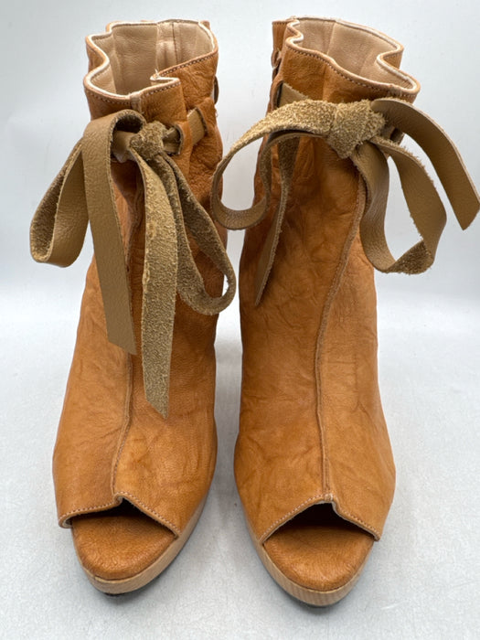 Salpy Shoe Size 7 Tan Brown Leather & Wood open toe Tie Front Ankle Boot Booties
