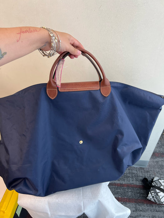 Longchamp Navy Nylon & Leather Foldable 2 handles Top Zip Bag