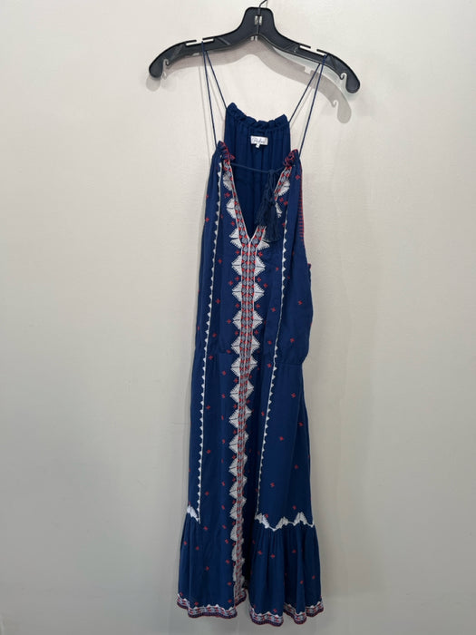 Parker Size XS Blue Red & White Rayon Embroidered V Neck Spaghetti Strap Dress