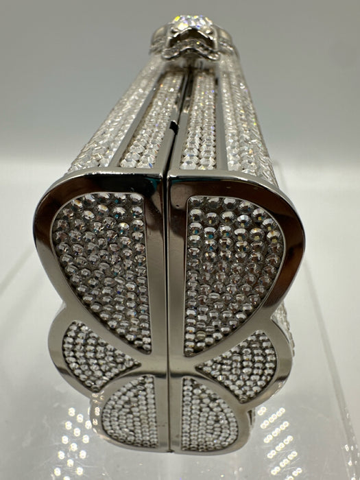 Judith Leiber Silver Rhinestone Push Clasp Bedazzled Clutch Shoulder Bag