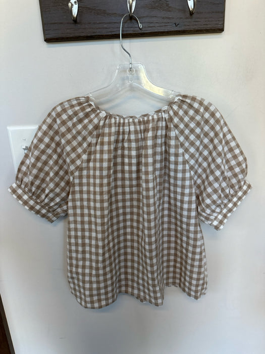 Marea Size S Tan & White Cotton Short Balloon Sleeve Checkered Button Down Top