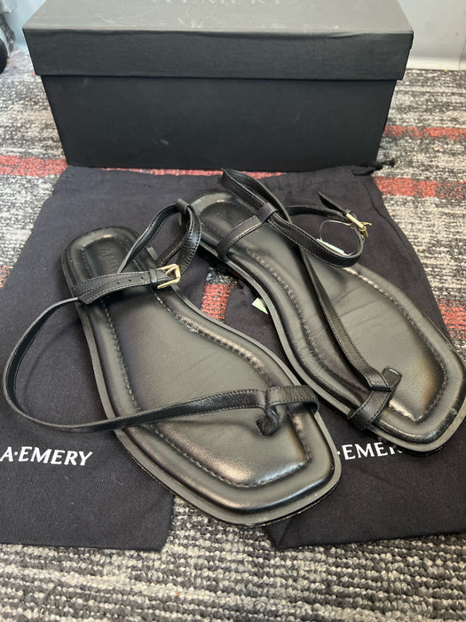 A Emery Shoe Size 39 Black Leather Ankle Strap Open Toe Sandal Flats Shoes