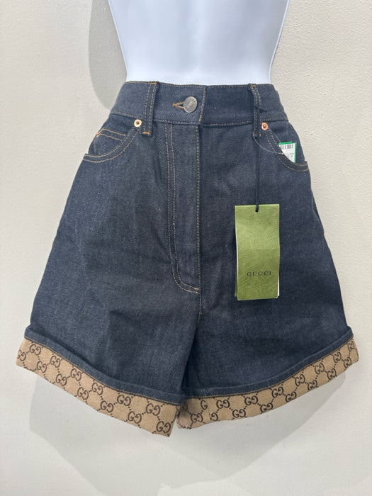 Gucci Size 27 Dark Wash & Brown Cotton Denim Logo Cuffed High Waist Shorts