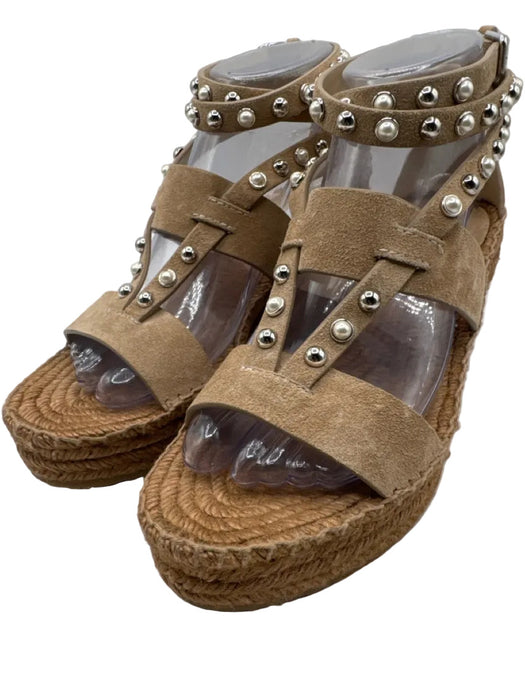 Jimmy Choo Shoe Size 38 Brown Suede & Raffia open toe Studded Espadrille Sandals