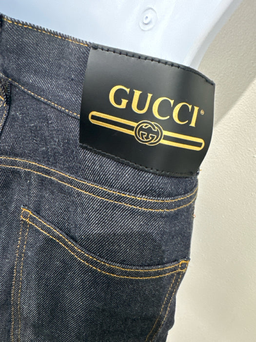 Gucci Size 27 Dark Wash & Brown Cotton Denim Logo Cuffed High Waist Shorts