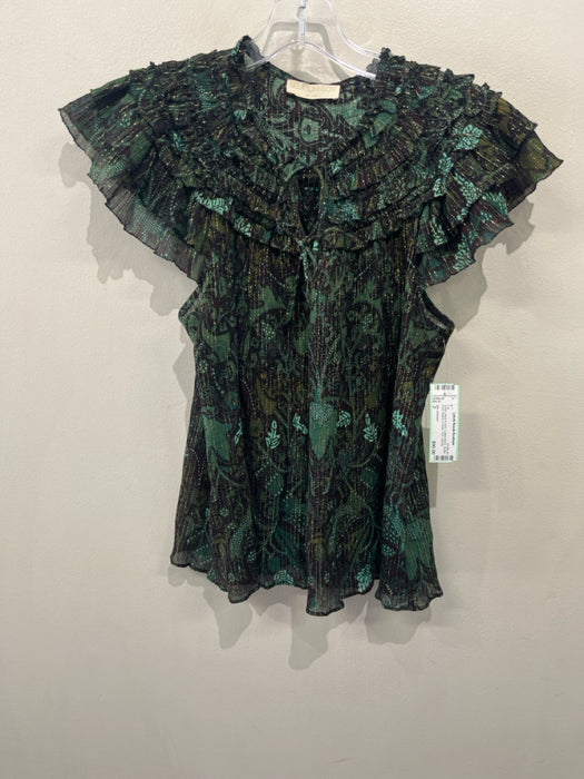 Ulla Johnson Size 2 Green, Aqua & Gold Cotton Blend Ruffle Short Sleeve Ties Top