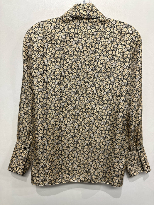 Sandro Size S Yellow & Black Silk Long Sleeve Floral Button Up & Collar Top