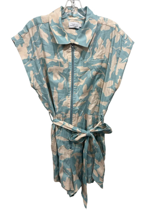 Tanya Taylor Size L Blue & Cream Linen Blend Abstract Floral Sash Romper