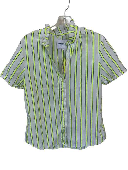 The Shirt Size M Blue & Neon Green Cotton Short Sleeve Striped Button Down Top