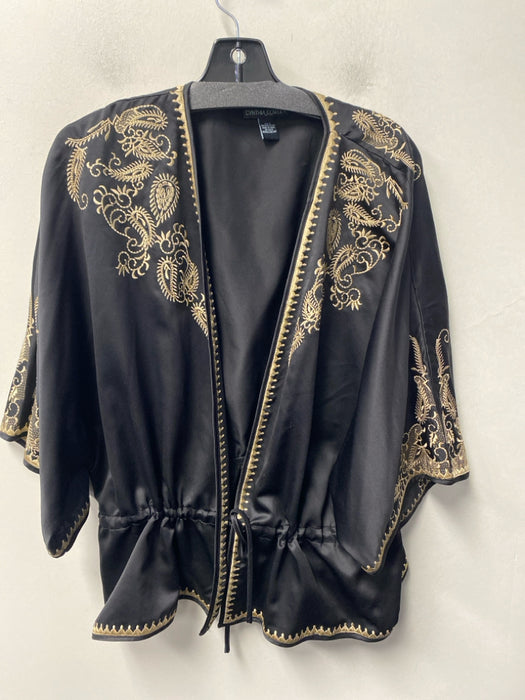 Cynthia Rowley Size L Black & Tan Polyester Open Front Self-Tie Crop Jacket