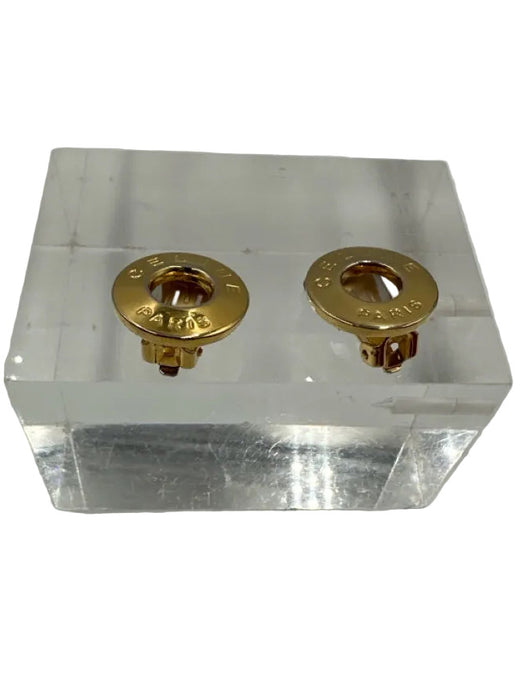Celine Gold Metal Circle Logo Clip On Vintage Earrings