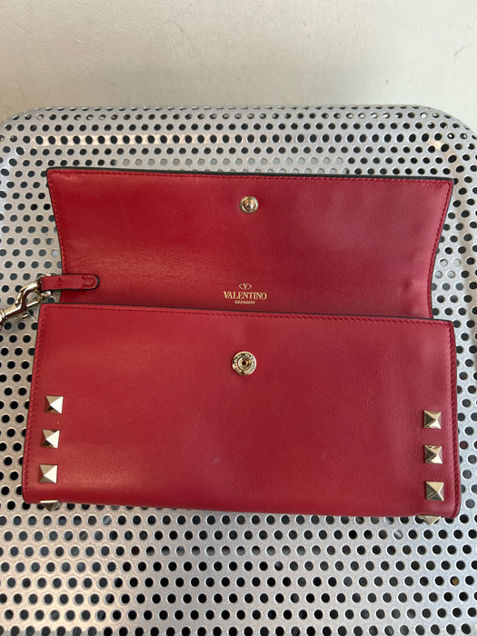 Valentino Garavani Red Leather Pyramid studs Solid Removable Strap Wallets