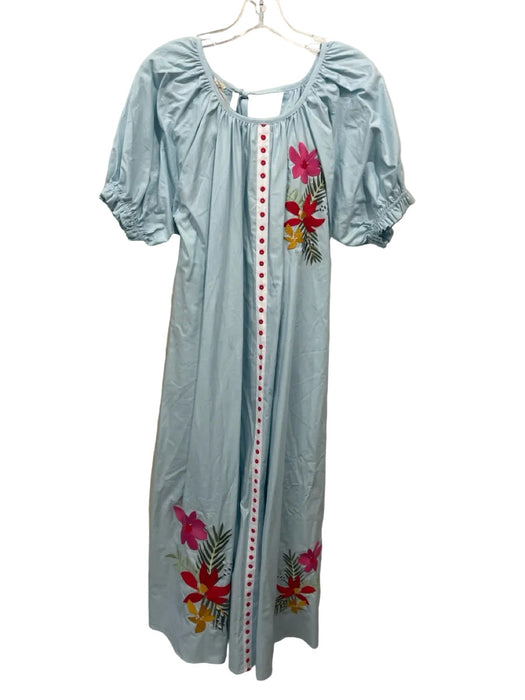 Fanm Mon Size S Light Blue & Multi Cotton Embroidered Flowers Dots Dress