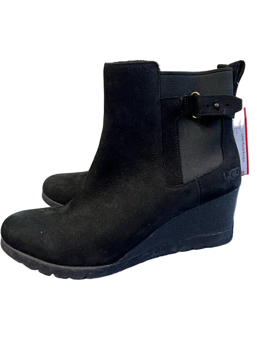 Ugg Shoe Size 9.5 Black Suede Buckle Detail Round Toe Pull On Wedge Boots