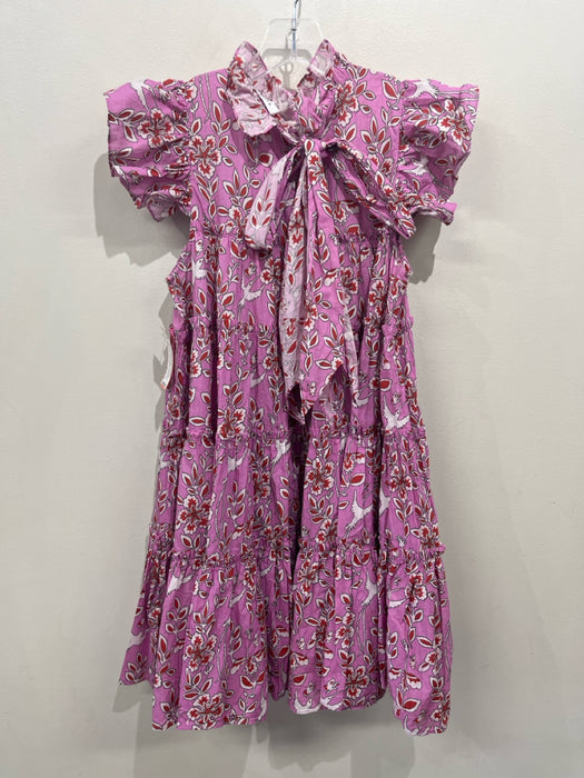 Rhode Size S Pink, White & Red Cotton Botanical Sleeveless Ruffle Shoulder Dress