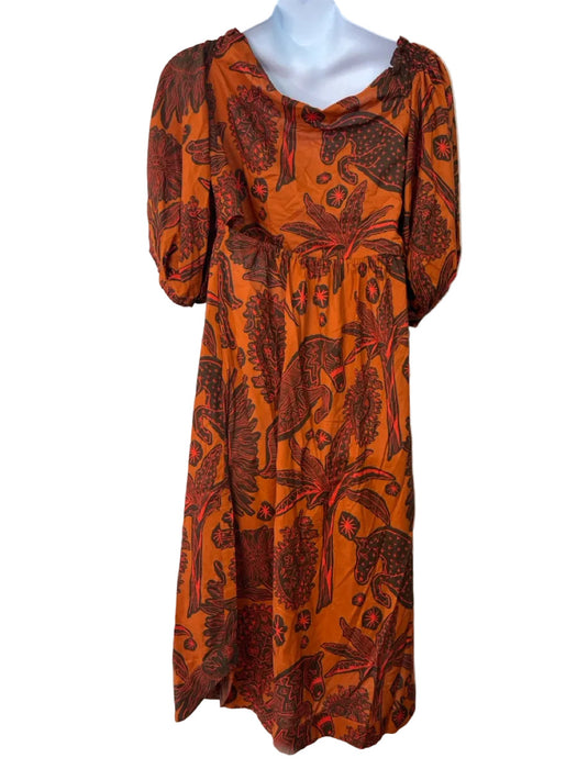 Johanna Ortiz Size 10 Orange & Brown Cotton Floral Tie Front Maxi Dress