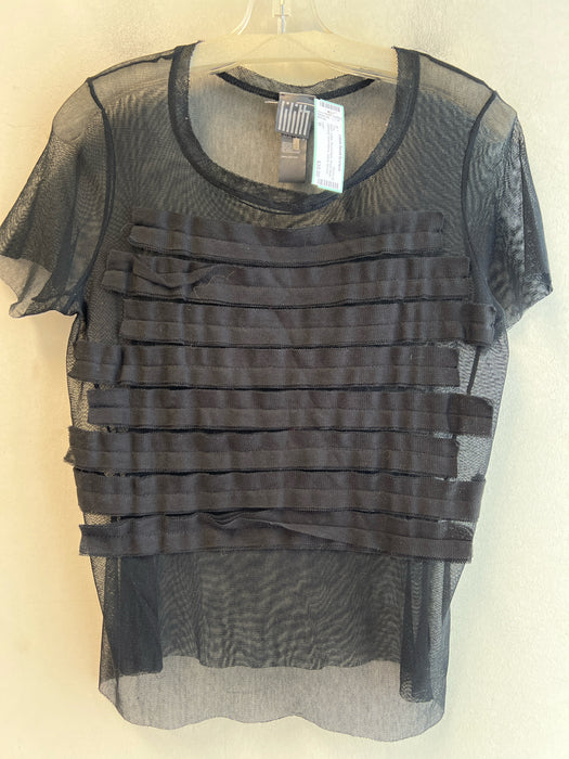 Lilith Size M Black Cotton Round Neck Sheer Mesh Gathered short sleeve Top