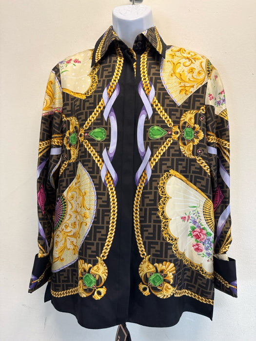 Fendace NWT Size 38 brown, gold, multi Silk zucca monogram fan print Shirt