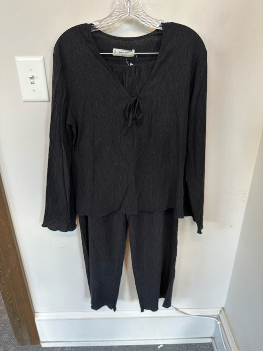 Everlane Size S Black Tencel Long Sleeve Crinkle Front Tie Wide Leg Pant Set