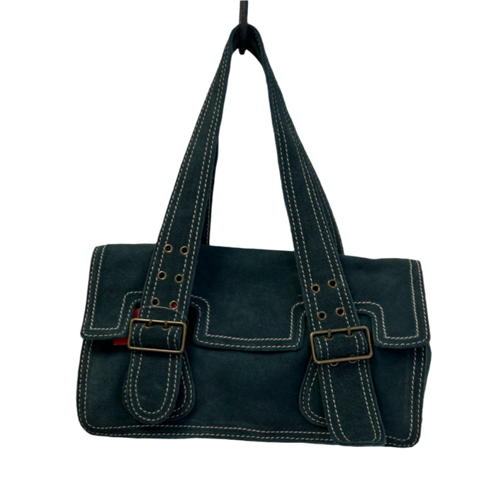 Cynthia Rowley Green Suede Buckle Detail Snap Closure Inside Pockets Bag