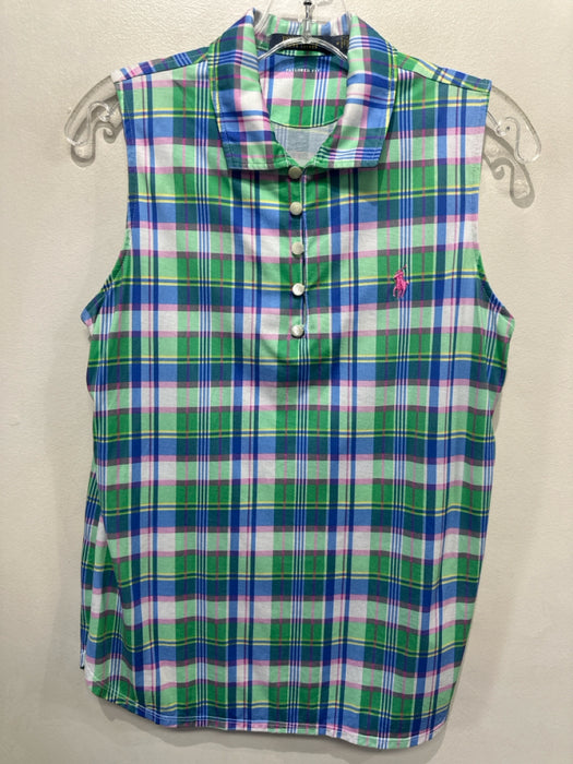 Polo Golf Size M Green & Multi Cotton Plaid Sleeveless Collar Buttons Top