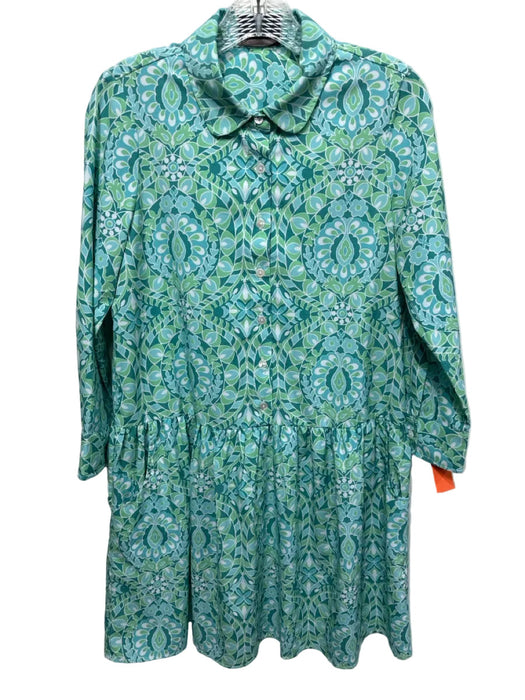 Tuckernuck Size S Green, Blue & White Poly Blend 1/2 Button 3/4 Sleeve Dress