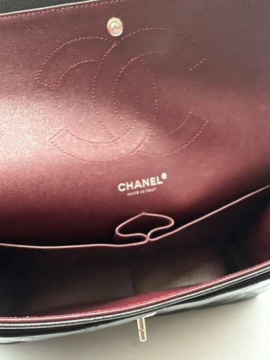 Chanel Black Caviar Leather Chain Strap Quilted Double Flap Silver hardware Bag
