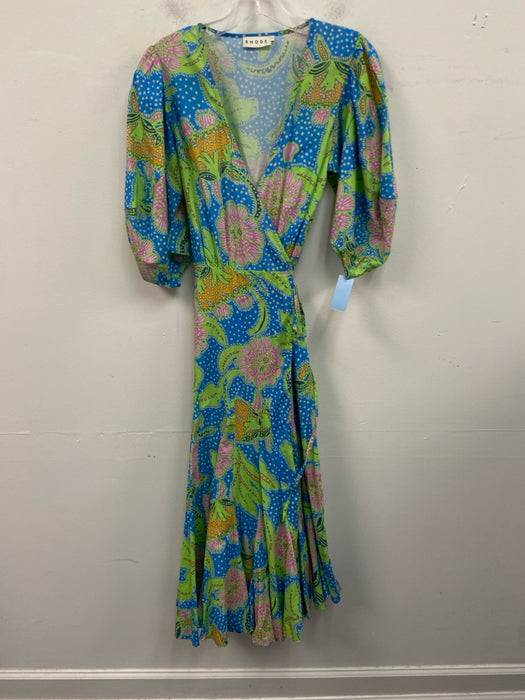 Rhode Size S Blue, Green & Multi Cotton Tie Front 1/2 Balloon Sleeve Dress