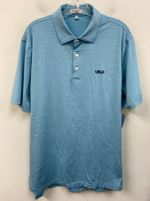 Peter Millar Size L Blue & Green Synthetic Striped Polo Athleisure Short Sleeve