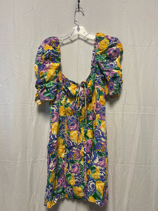 Zara Size M Purple & Green Polyester Short Balloon Sleeve Floral Back Tie Dress