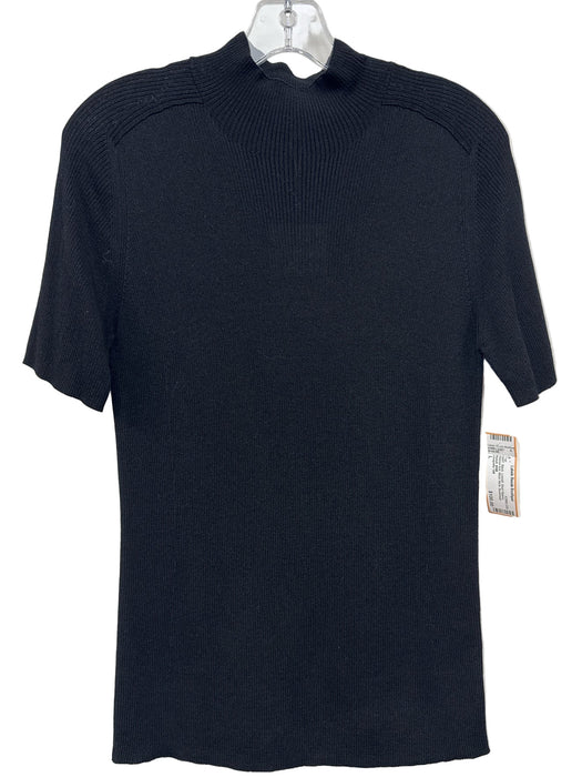 Lafayette 148 Size L Black Lyocell Short Sleeve Ribbed Knit Mock Neck Top