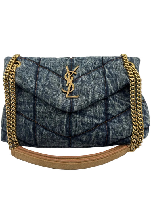 Saint Laurent Blue & Brown Textile Quilted Gold Logo Magnetic Flap Bag