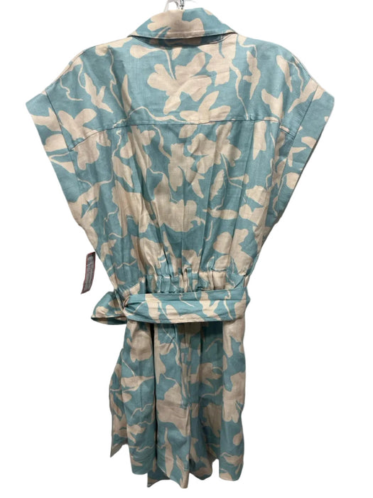 Tanya Taylor Size L Blue & Cream Linen Blend Abstract Floral Sash Romper