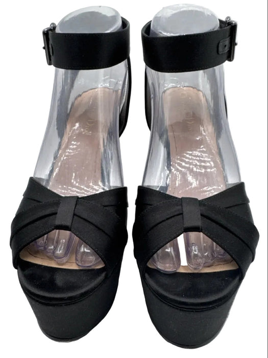 Christian Dior Shoe Size 38 Black Satin Upper Ankle Strap Criss Cross Sandals