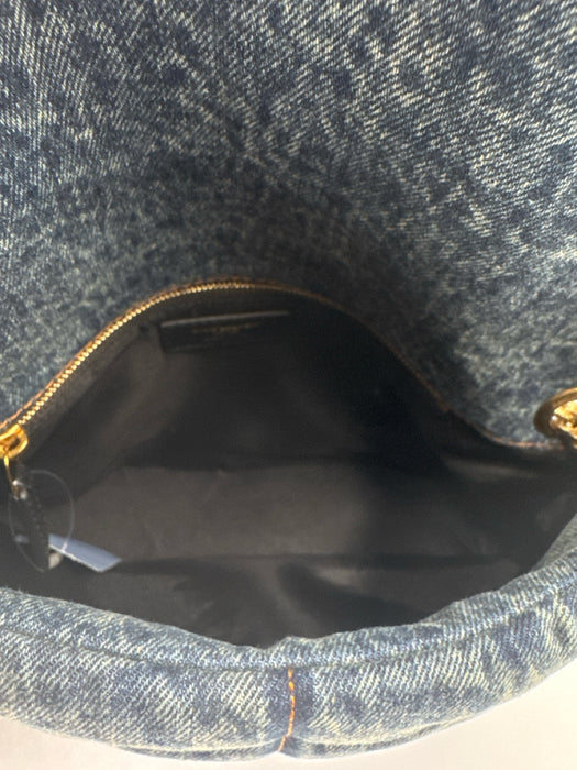 Saint Laurent Blue & Brown Textile Quilted Gold Logo Magnetic Flap Bag
