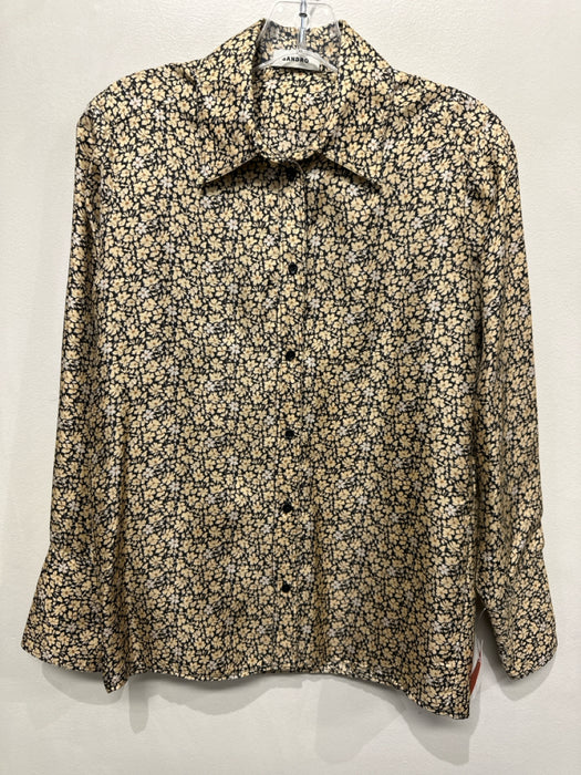 Sandro Size S Yellow & Black Silk Long Sleeve Floral Button Up & Collar Top