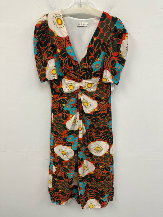 Rhode Size 2 white orange yellow black & blue Polyester V Neck Midi Dress