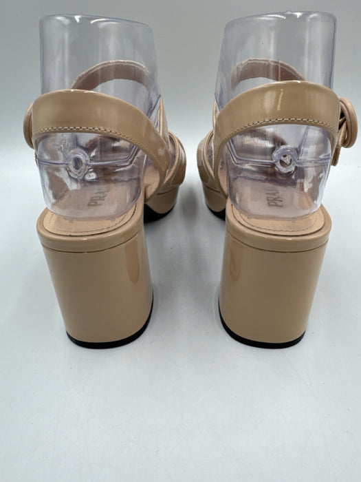 Prada Shoe Size 36.5 Beige Patent Leather Criss Cross Ankle Buckle Sandals
