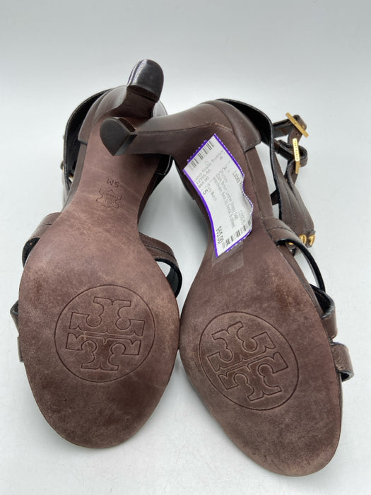 Tory Burch Shoe Size 5 Dark Brown Leather Strappy Gold Hardware Back Zip Pumps