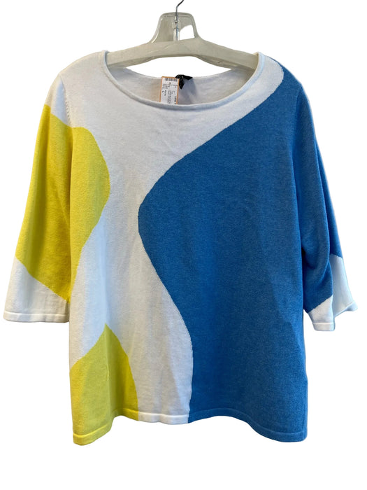 Marble Size L White Blue & Yellow Cotton Knit Boat Neck 1/2 sleeve Top