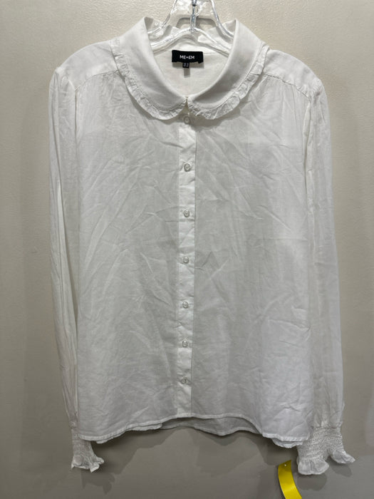 ME + EM Size 12 White Coated Long Sleeve Button Front Sheer Collar Top