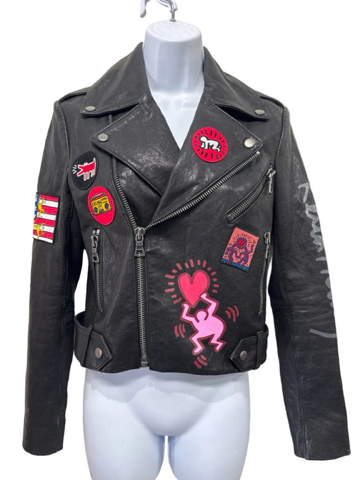 Keith Haring x Alice + Olivia Size XS Black, Red, Multi Lamb leather Jacket