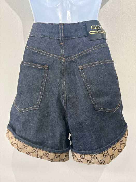 Gucci Size 27 Dark Wash & Brown Cotton Denim Logo Cuffed High Waist Shorts