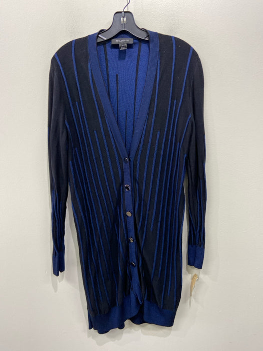 St. John Size L Blue & Black Viscose & Polyamide Button Front Striped Sweater