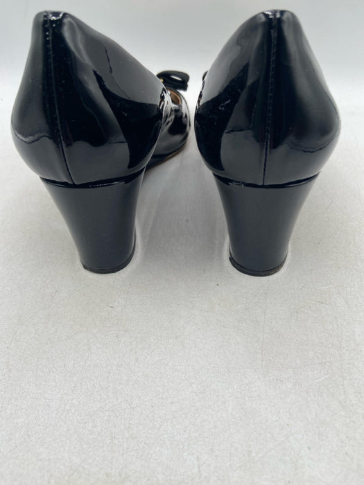 Salvatore Ferragamo Shoe Size 6 Black Patent Leather Peep Toe Bow Wedge Pumps