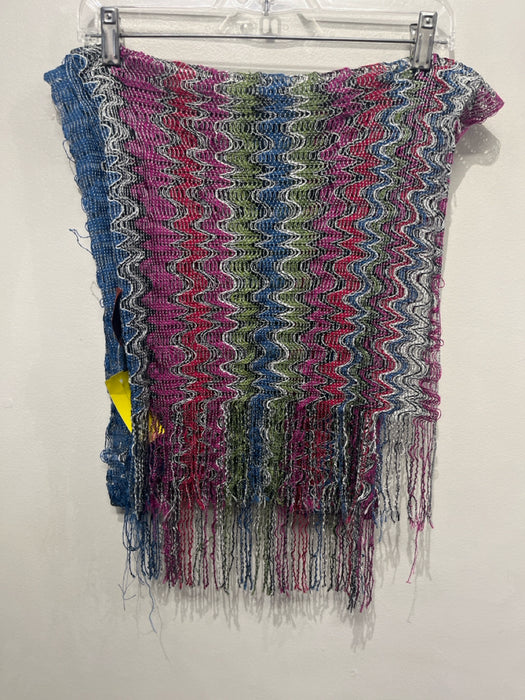 Missoni Green, Blue, Pink Viscose Squiggle Print Chevron Fringe scarf