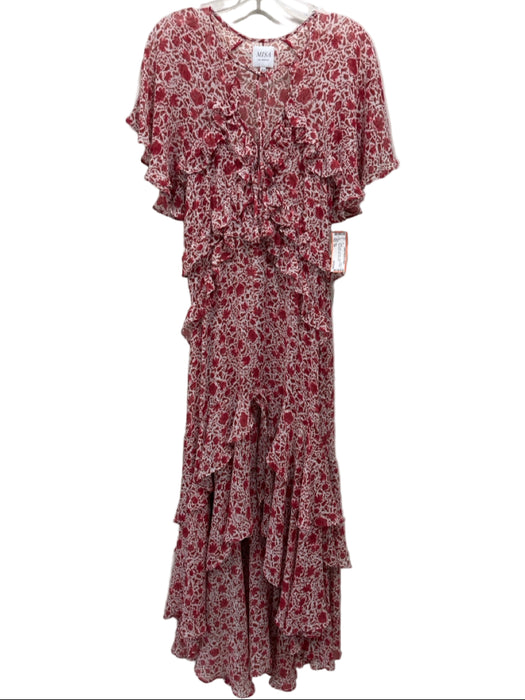 Misa Size XS Red & White Polyester ruffles V Neck Cap Sleeve Maxi Dress