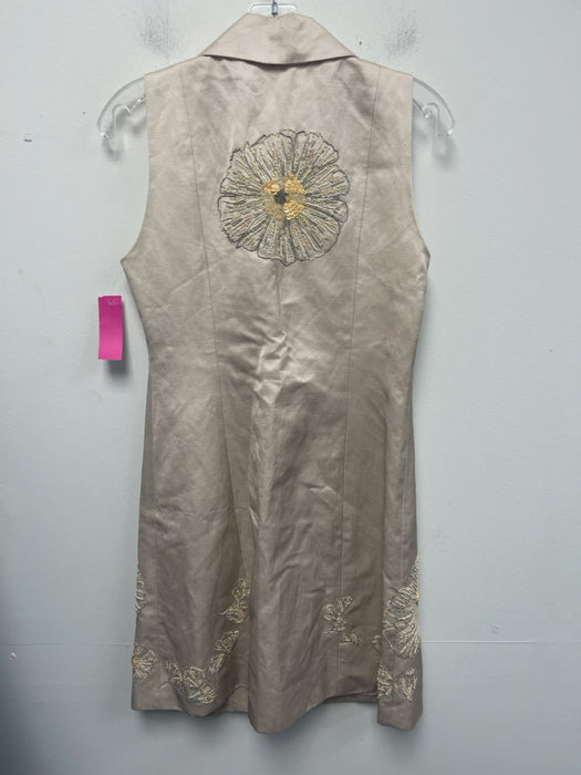 Biya Size S Beige Rayon & Linen Beaded Sleeveless Collared Button Front Dress