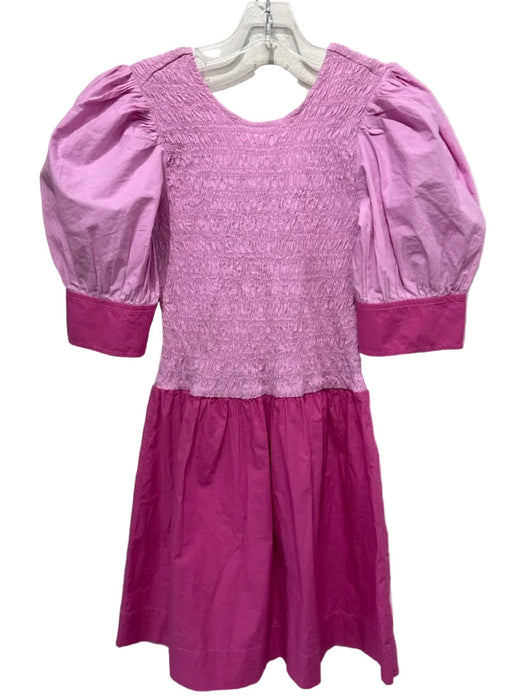 Ganni Size 38 Pink & Hot Pink Cotton Short Puff Sleeve Smocked Bodice Mini Dress