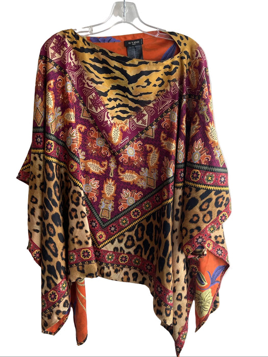 Etro Multi Silk All Over Print Side Button Animal Print Poncho